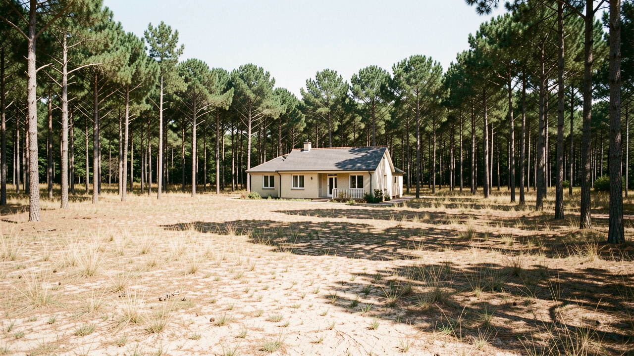Maison entourée d'une large zone débroussaillée dans une forêt de pins des Landes en Gironde pendant une période sèche.