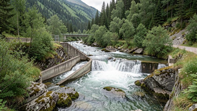 Rivière de montagne traversant un petit barrage hydroélectrique, avec une passe à poissons visible sur le côté et une végétation riveraine dense.