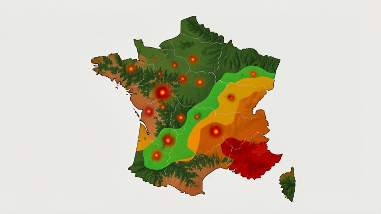 Carte stylisée de la France présentant des zones forestières, des foyers d’incendie et des niveaux de danger représentés par des couleurs allant du vert au rouge.