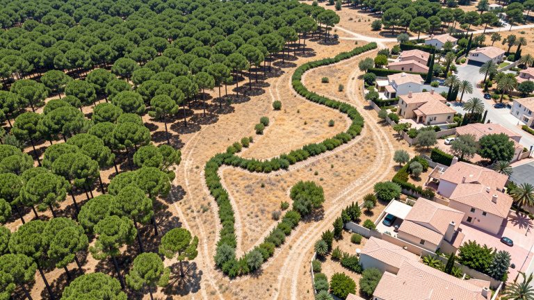 Vue aérienne réaliste montrant la transition entre une forêt de pins et un quartier résidentiel méditerranéen, avec des pare-feu végétalisés dans un paysage estival sec.