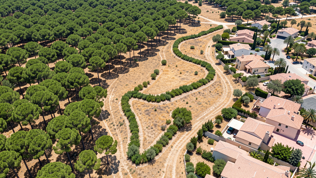 Vue aérienne réaliste montrant la transition entre une forêt de pins et un quartier résidentiel méditerranéen, avec des pare-feu végétalisés dans un paysage estival sec.