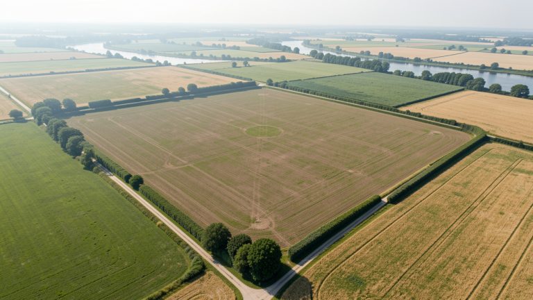 Vue aérienne réaliste d’une grande bassine d’irrigation agricole vide, entourée de champs et de haies, avec une rivière visible en arrière-plan sous une lumière estivale.