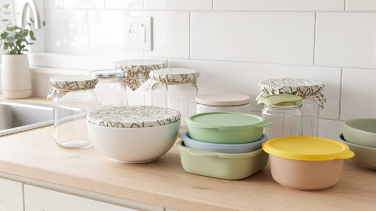 Cuisine lumineuse et épurée présentant des bocaux en verre, des charlottes en tissu et des couvre-plats en silicone soigneusement disposés sur un plan de travail.