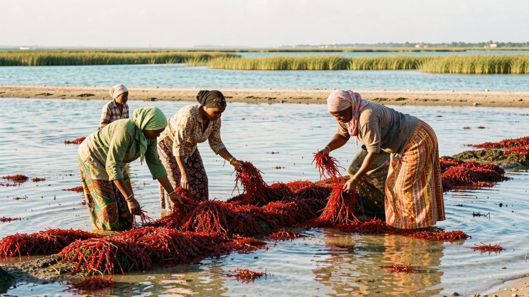 Des femmes zanzibarites récoltent des algues rouges à marée basse dans un lagon turquoise, avec des herbiers marins visibles au loin.