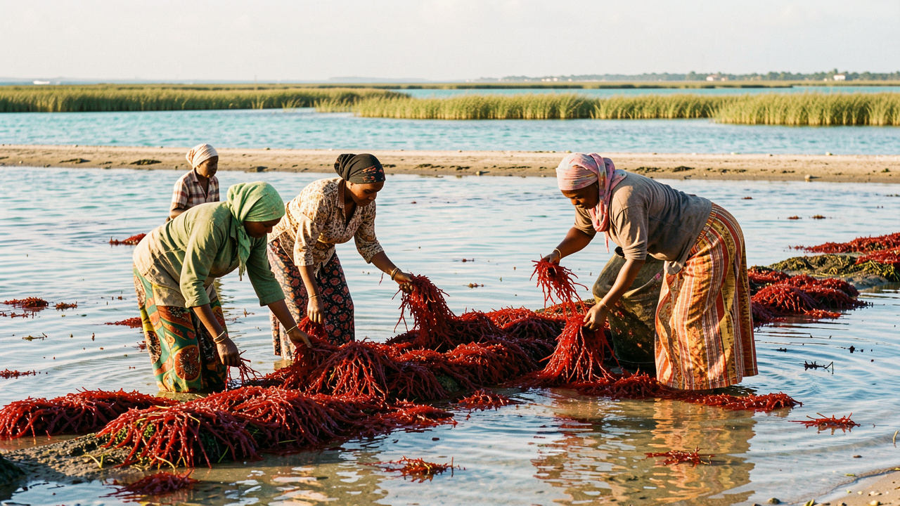 Des femmes zanzibarites récoltent des algues rouges à marée basse dans un lagon turquoise, avec des herbiers marins visibles au loin.
