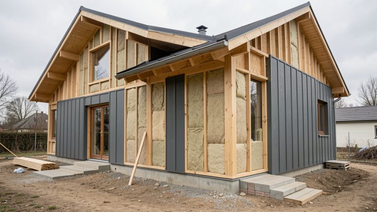 Maison contemporaine à ossature bois et panneaux en plastique recyclé, photographiée sur un chantier propre avec l’isolation visible et éclairée par la lumière naturelle.