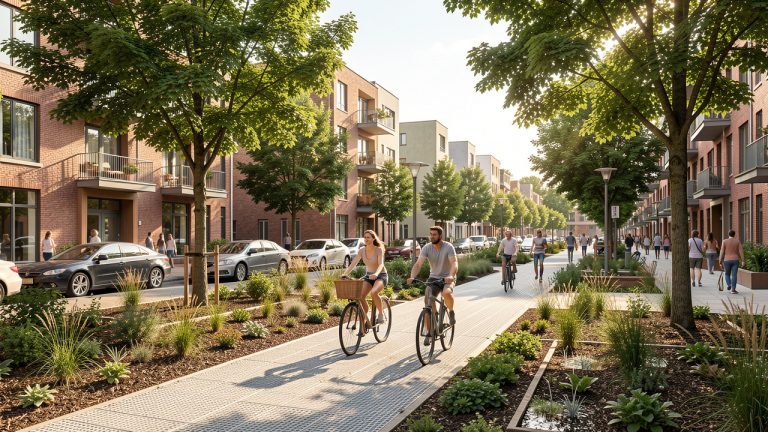 Quartier urbain régénératif avec immeubles rénovés, arbres matures, noues végétalisées et une femme et un homme à vélo sous une lumière d’été réaliste.
