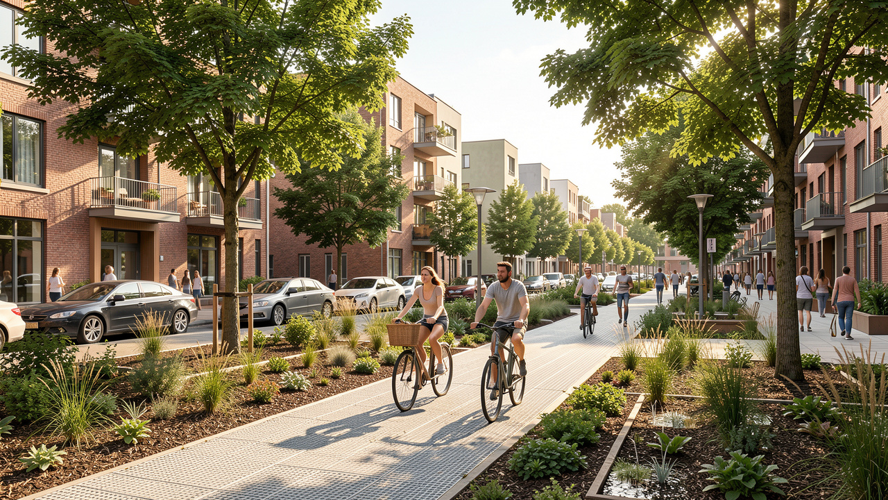 Quartier urbain régénératif avec immeubles rénovés, arbres matures, noues végétalisées et une femme et un homme à vélo sous une lumière d’été réaliste.