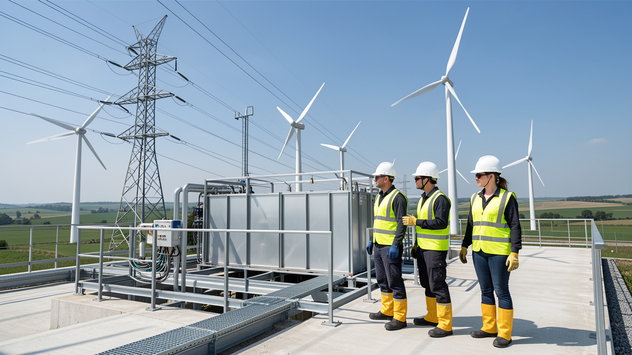 Vue réaliste d’un site industriel bas carbone avec un électrolyseur, des éoliennes, des lignes électriques et trois ouvriers équipés de protections de sécurité, éclairé par la lumière naturelle.