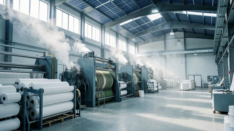 Usine textile moderne avec de grandes machines de teinture, des rouleaux de tissu, une légère vapeur et des panneaux solaires visibles sur le toit.