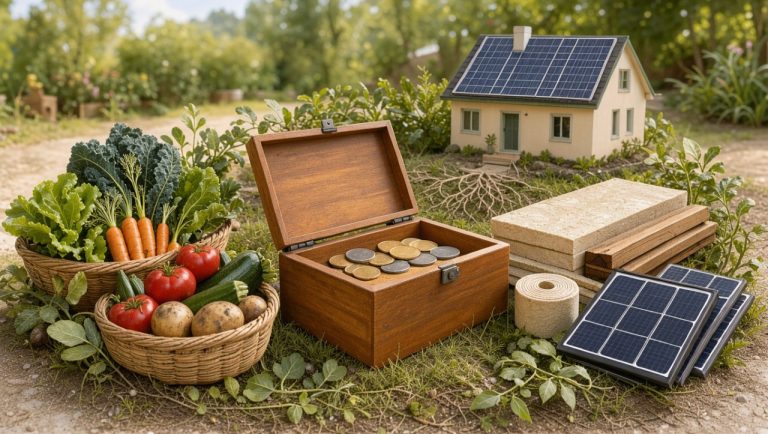 Illustration réaliste et lumineuse d’une caisse solidaire entourée de paniers de légumes locaux et d’éléments liés à la rénovation énergétique d’un logement.