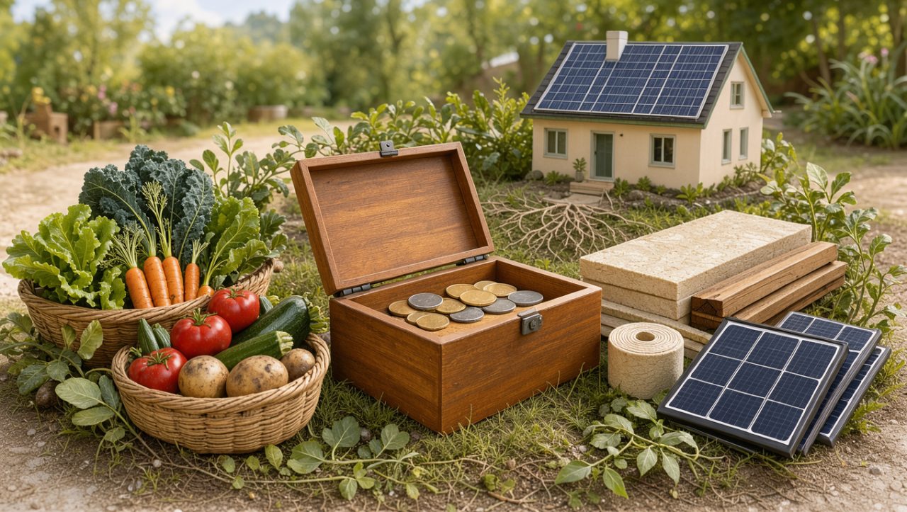 Illustration réaliste et lumineuse d’une caisse solidaire entourée de paniers de légumes locaux et d’éléments liés à la rénovation énergétique d’un logement.