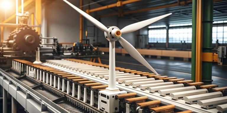 Ouvriers assemblant une éolienne dans un atelier industriel.