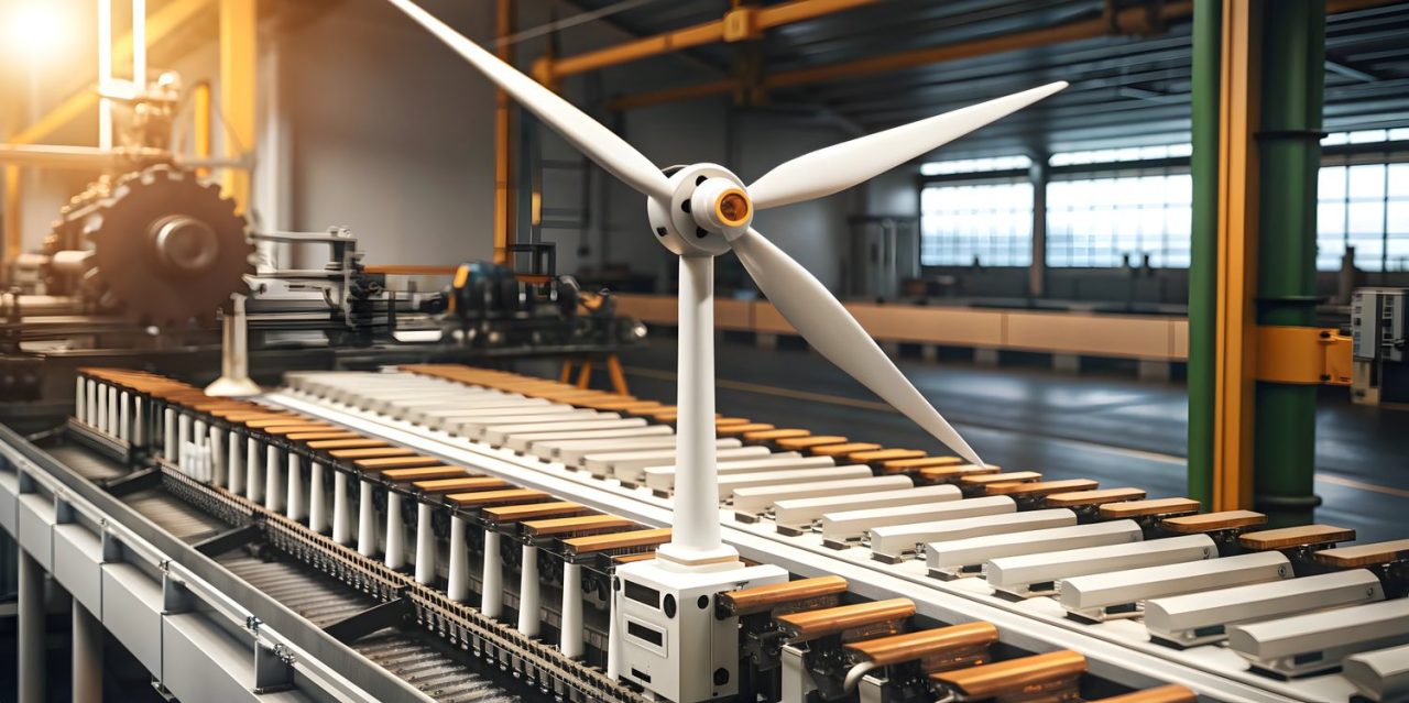 Ouvriers assemblant une éolienne dans un atelier industriel.