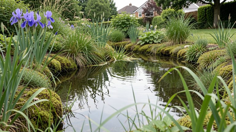Mare naturelle de jardin observée à hauteur d’enfant, entourée de berges en pente douce, d’iris indigènes et de végétation locale, avec des libellules au-dessus de l’eau calme.