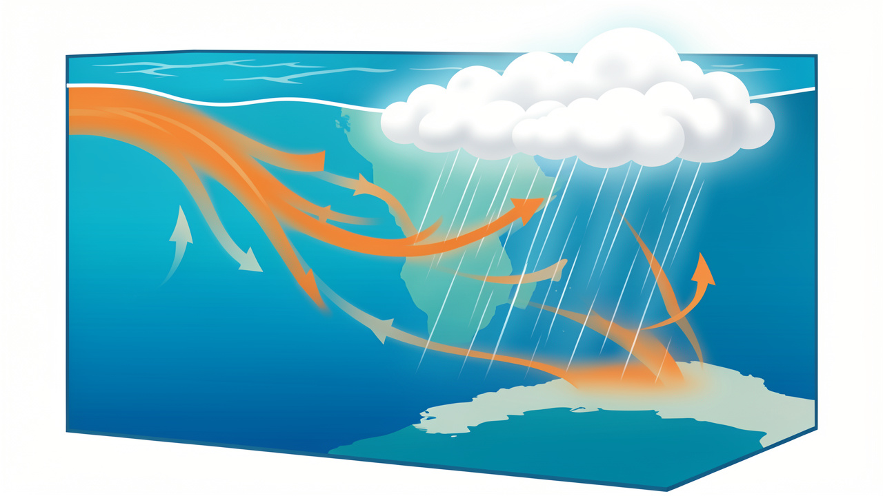 Illustration scientifique pédagogique du Pacifique équatorial pendant El Niño, montrant le déplacement des eaux chaudes vers le Pérou, l’affaiblissement des alizés et les zones de fortes pluies.