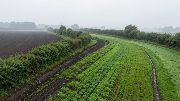 Vue aérienne réaliste d’une parcelle agricole en pente, avec des haies sur talus, des couverts végétaux verts et des bandes enherbées après une pluie douce.